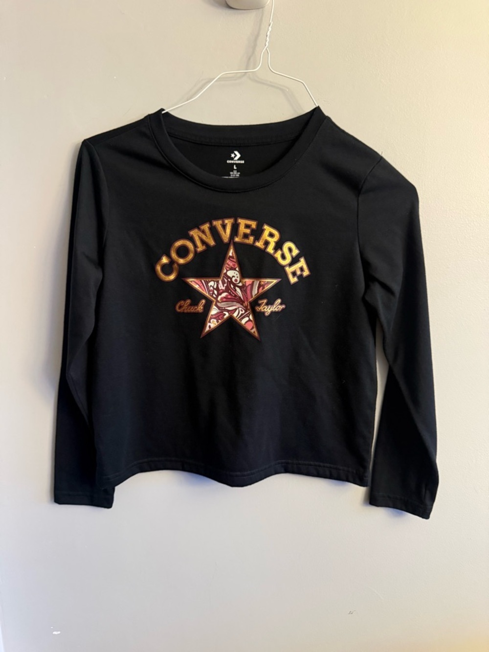 Converse Chuck Taylor Graphic Crop Top Youth L Black Long Sleeve Y2K Streetwear